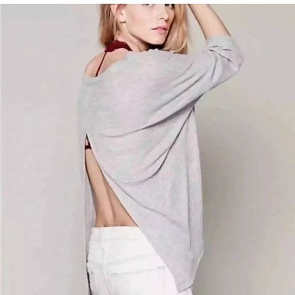 Free People Gray Storyteller Waffle Knit Open Back Boxy Boho Casual Bohemian - Picture 2 of 6